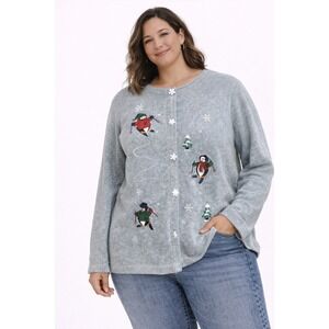 Katherine Bishop Fleece Cardigan Women L Grey Penguin Skiing Snowflake Winter
